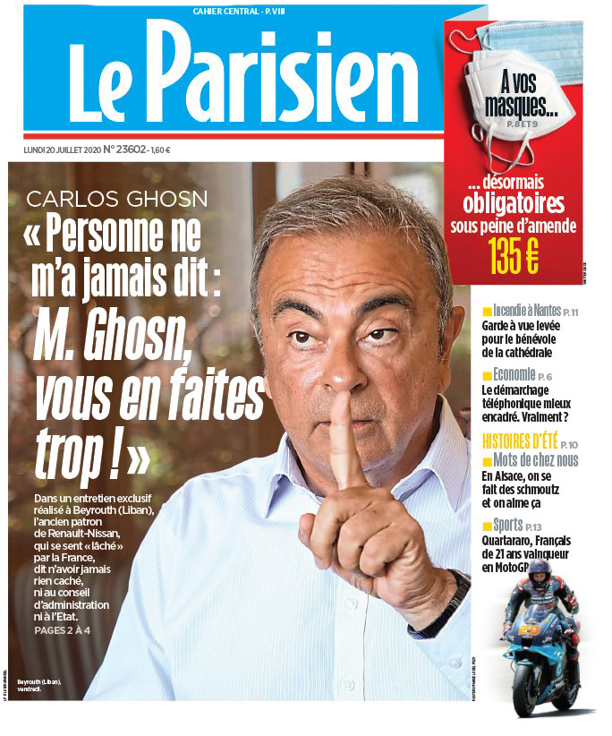 Page de Une du Parisien du 20 juillet 2020 avec Carlos Ghosn